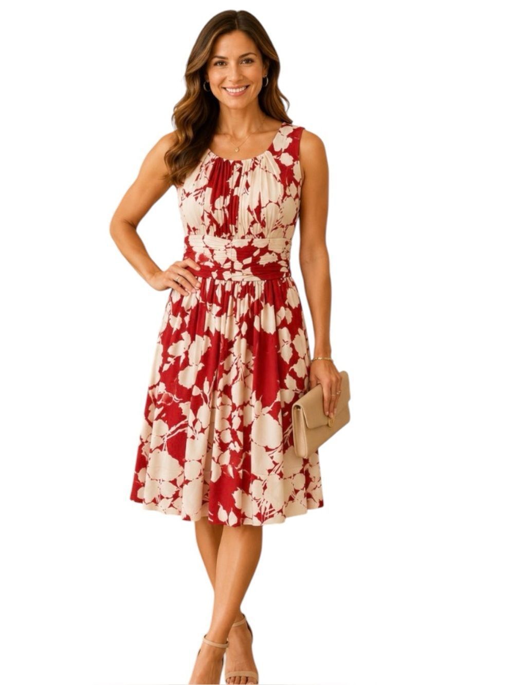 Talbots Red Ivory Floral Fit & Flare Dress Size 6 Sleeveless Midi Wedding Guest